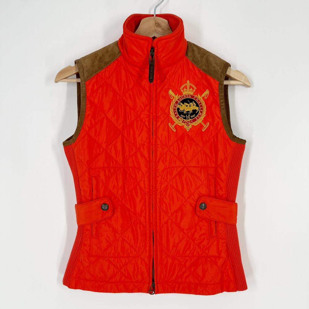 Ralph Lauren Sport Quilted Zip Vest Womens XS Calf Suede Trim Orange Polo Crest